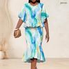 Women Plus Size Round Neck Batwing Short Sleeve Blue Green Printed Ruffle Hem Top Fishtail Skirt Two Piece Set