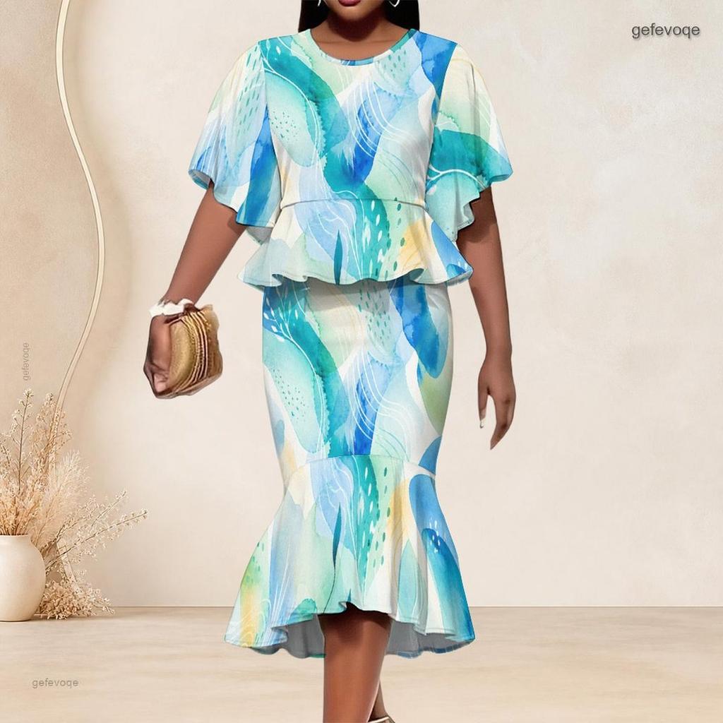 Women Plus Size Round Neck Batwing Short Sleeve Blue Green Printed Ruffle Hem Top Fishtail Skirt Two Piece Set