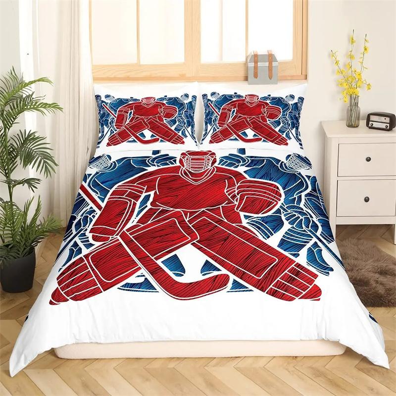 Ice Hockey Duvet Cover Black Polyester Bedding Set for Boys Winter Sports Game Quilt Cover Hockey Player Theme