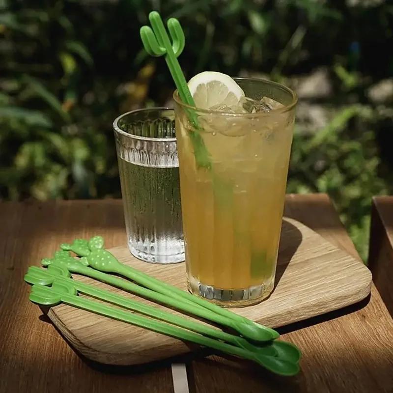 6PCS Cactus Stirring Stick Milk Tea Juice Ccoffee Long Handle Stirring Spoon Plastic Creative Fun Cocktail Swizzle Stick