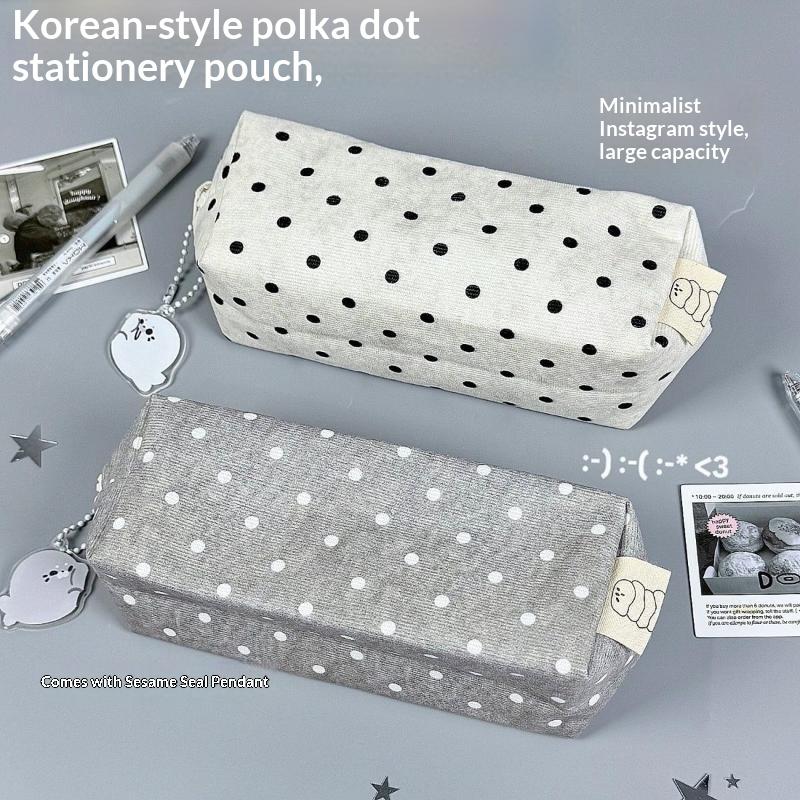 Korean-Style Polka Dot Pencil Case Large Capacity With Cute Seal Pendant For Students School Office Use