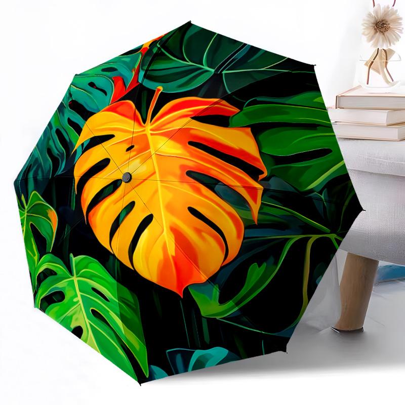 Tropical Leaf Pattern Compact Travel Automatic Umbrella Compact & Durable 8-Rib Design Foldable Design for Outdoor Daily Use Elegant Umbrella