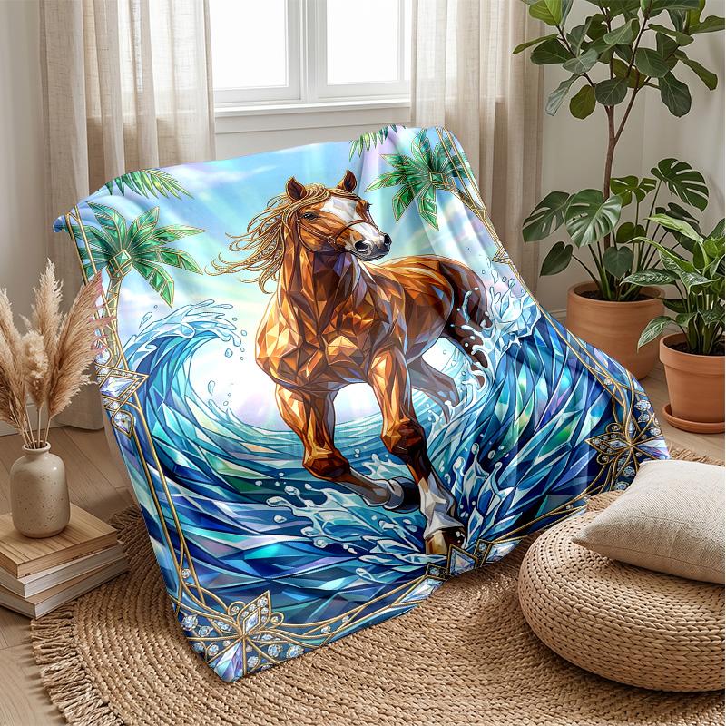 Oceanic Horse Majesty Theme Blanket Lightweight Warm Flannel Blanket Decorative Throw Blanket for Home Decoration