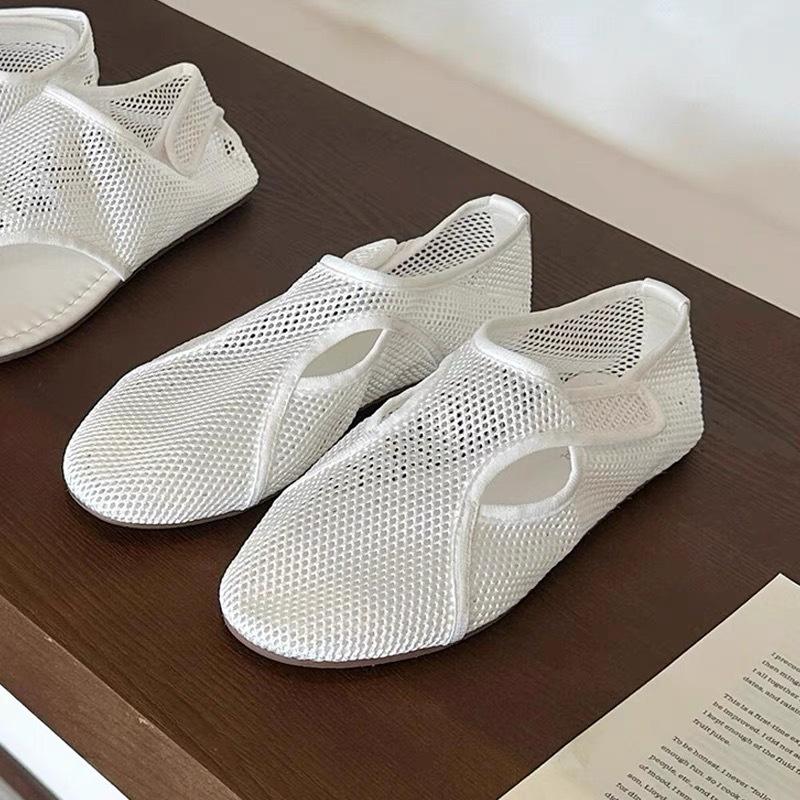 New Velcro Breathable Fishing Net Shallow Mouth Flat Shoes Round Head Hollow Roman Sandals Commuter Single Shoes Women
