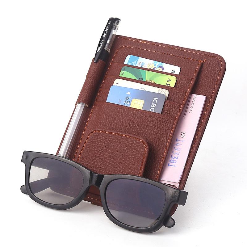 Multifunctional Leather Car Sun Visor Organizer with Glasses Clip and Card Holder