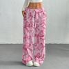 Women's Casual Fashion Printed Elastic Waist Loose Straight Leg Pants With Rope