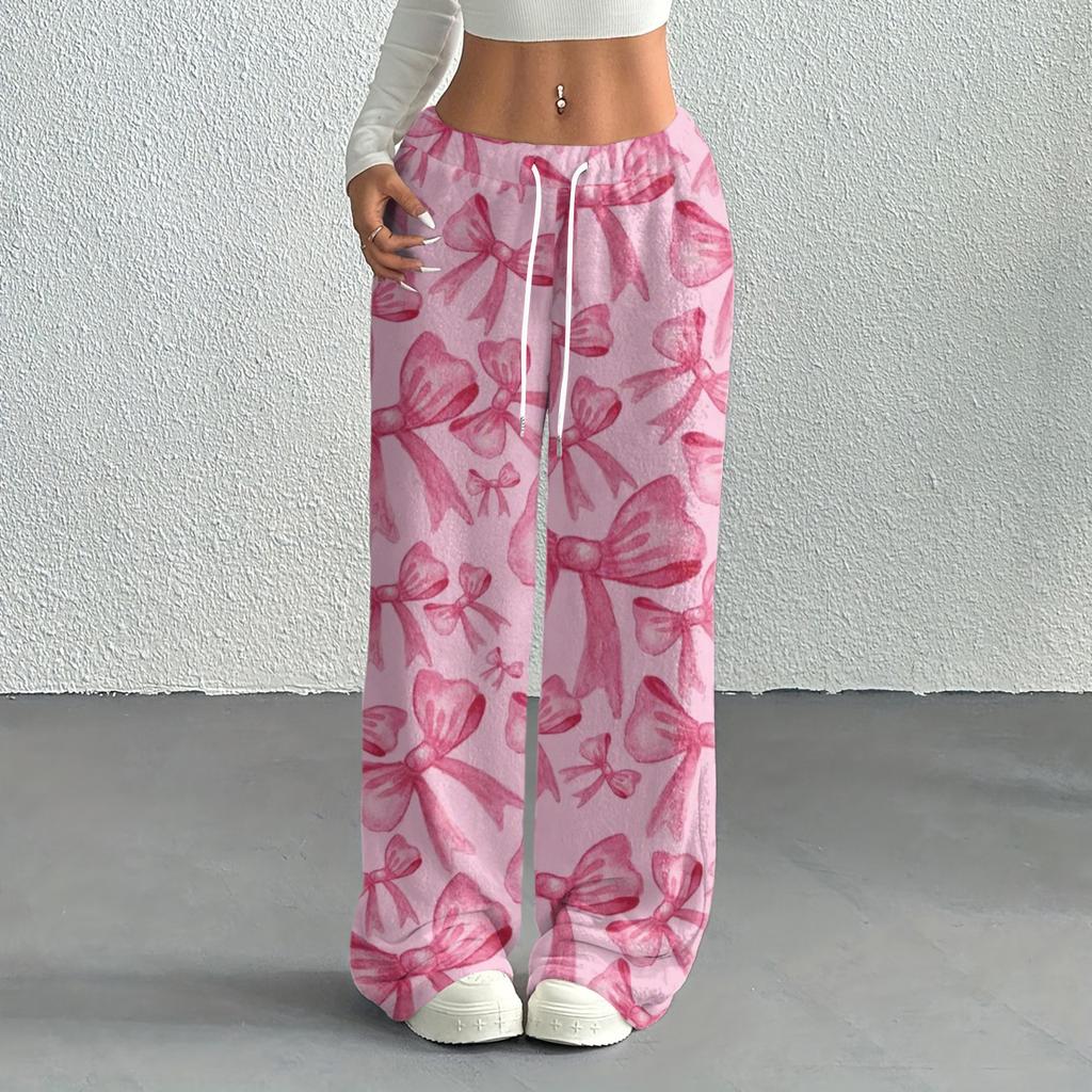 Women's Casual Fashion Printed Elastic Waist Loose Straight Leg Pants With Rope