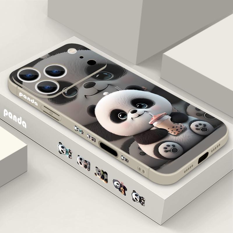 Milk Tea-drinking Panda Lanyard Case For iPhone 17 Pro Max Soft Silicone Cover For iPhone 16 Pro Max Funda iPhone 15 14 13 12 11 16E Air