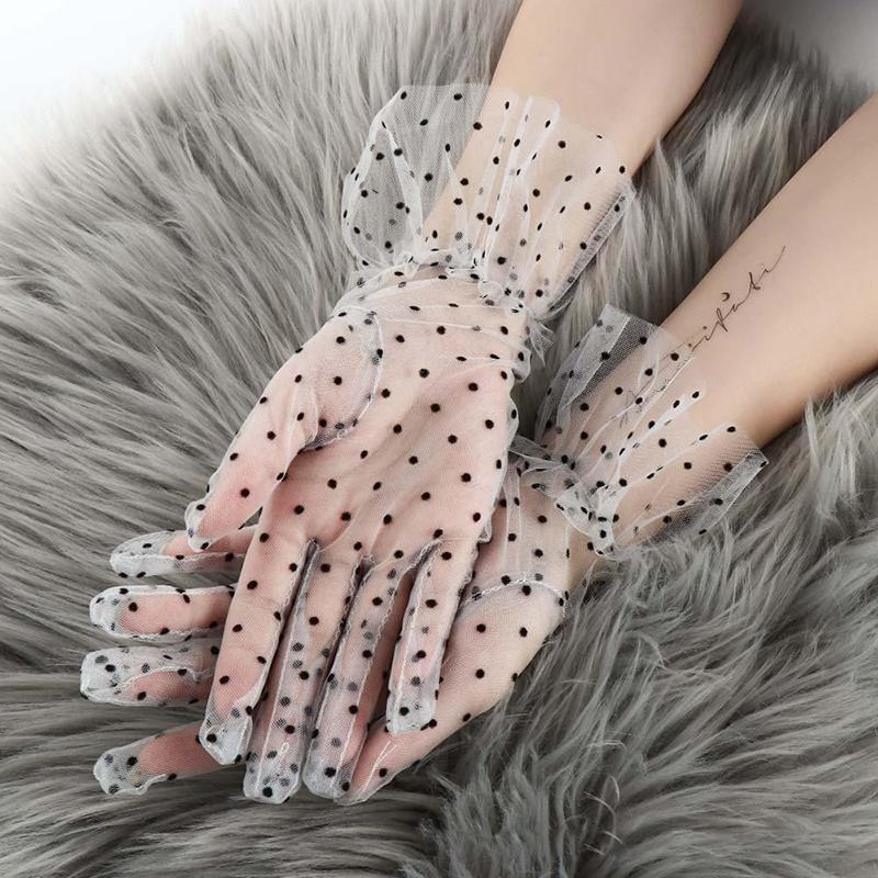 

Fashion Mesh Gauze Ultra Thin Women Gloves Short Lace Tulle Transparent Black White Polka Dot Loose Mittens Full Finger Gloves One Size