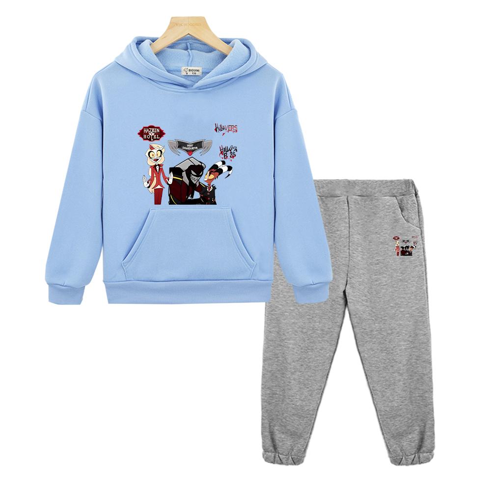 Kinder Weihnachts Kleidung helluva boss Print Kapuzenpullover Fleece Herbst Sweatshirt Jacke Bequemes 2-teiliges Pullover+Hose Jungen Mädchen Sportsets