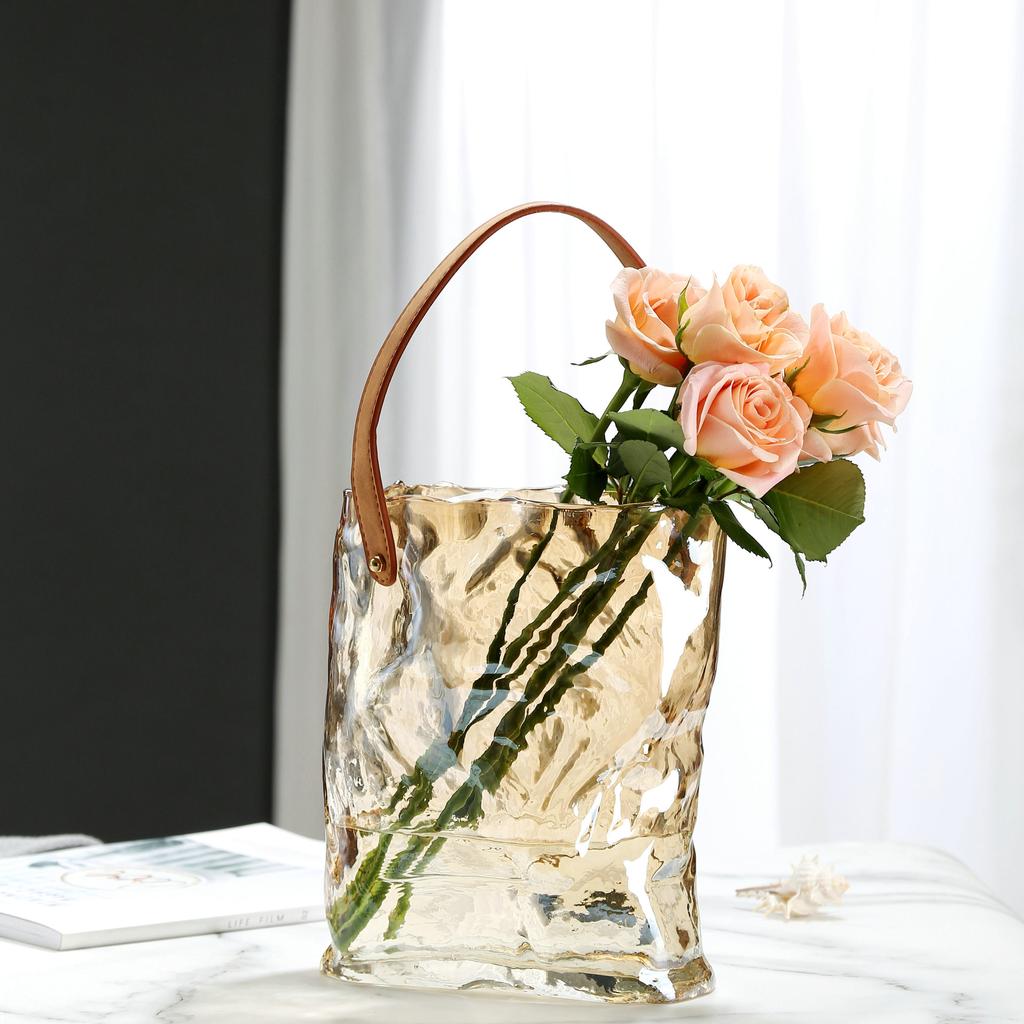 Glass Vase Transparent Tote Bag Shape Wrinkled Irregular Texture Flower Vase Hydroponics Accessories Terrarium Home Decoration