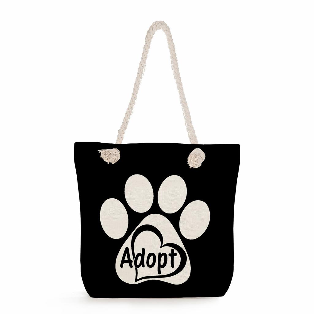 Multifunctional Dog Paws Printed Thick Rope Shoulder Beach Bag Casual Large Capacity Handbag 7601