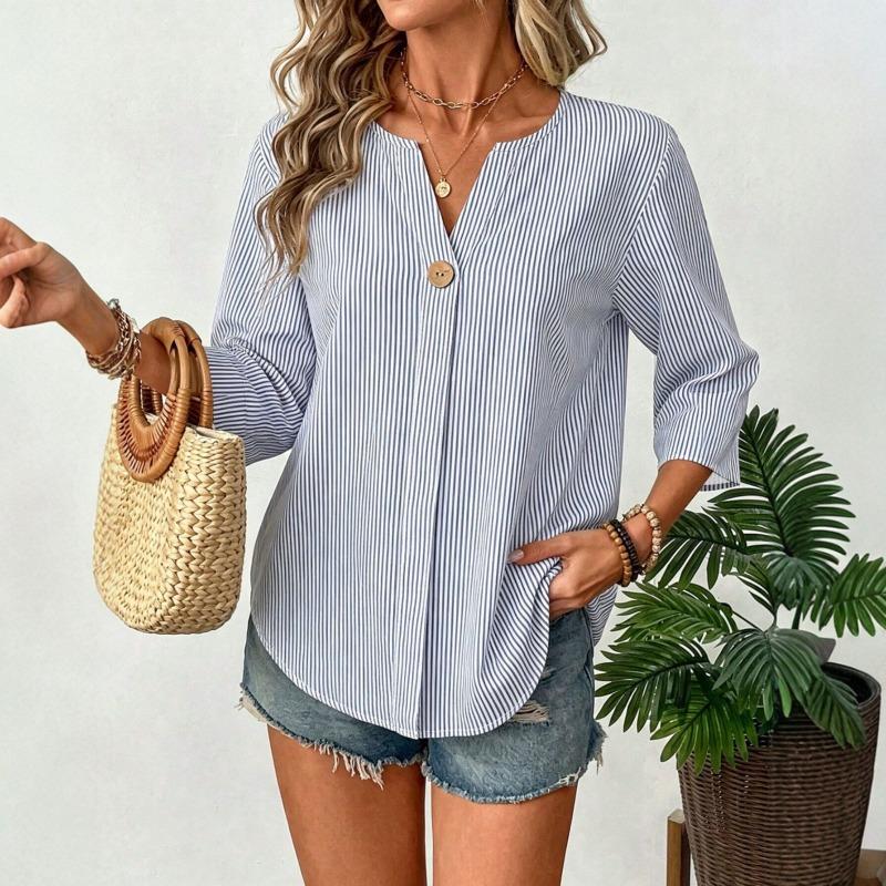 Summer New V-neck Three-quarter Sleeve Loose-fitting Shirt for Women - Solid-colored Striped Casual Business Blouse