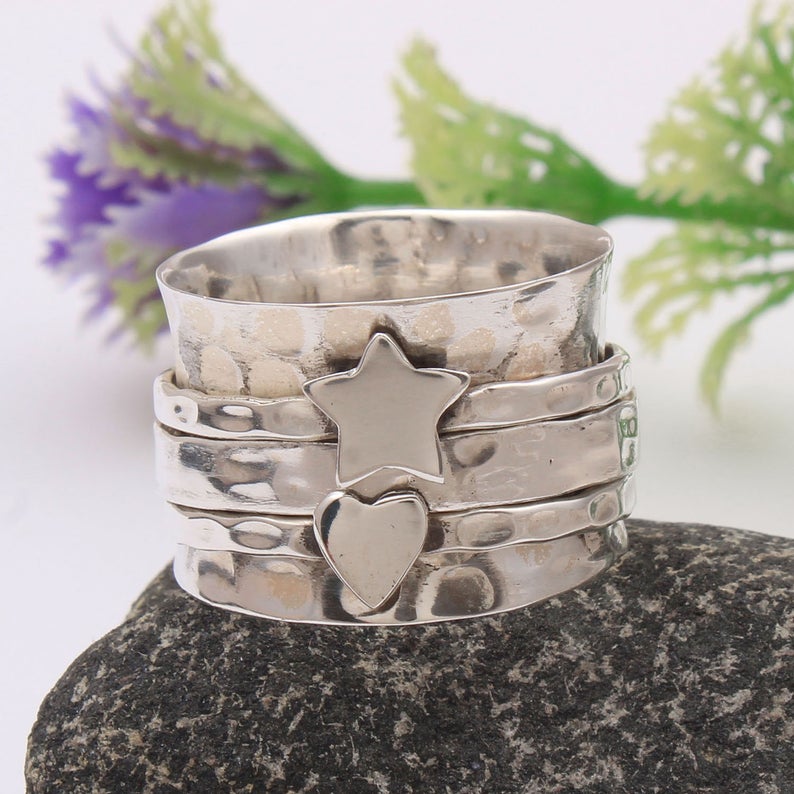 Antique Silver Spinner Ring, Heart Pattern Spinning Ring, Fidget Ring, Women's Meditation Ring, Worry Ring, Two Tone Band Ring, New Year Gift