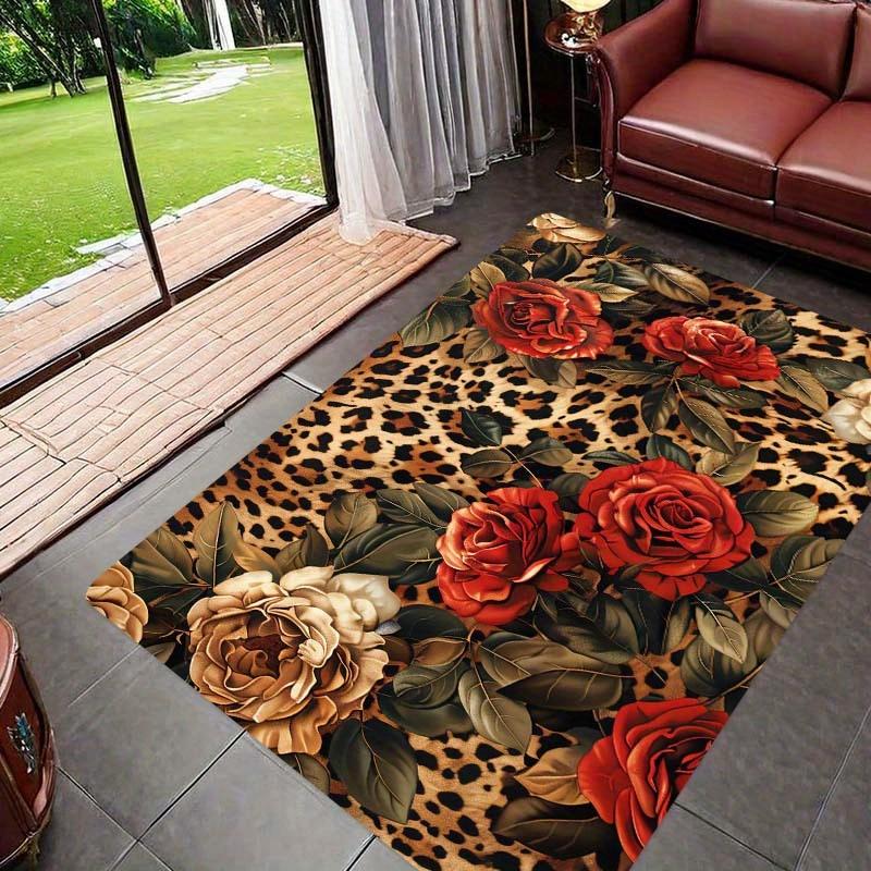 VIKAMA Vintage Leopard Print And Floral Pattern Rug Machine Washable Suitable For Entrances, Living Rooms, Bedrooms Home Decor