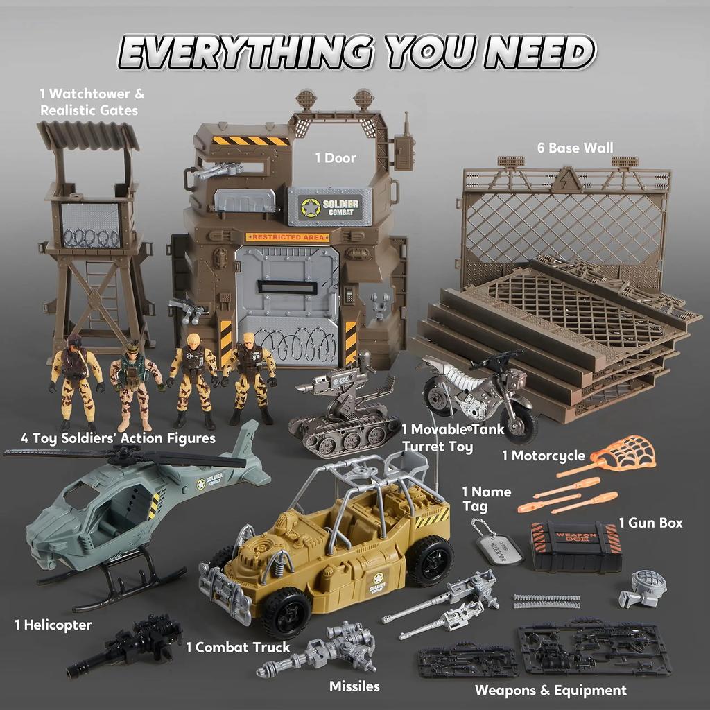 Joyfy Conjunto de Brinquedos de Base Militar Figuras de Ação de Soldados do Exército e Acessórios de Equipamento de Armas Brinquedos de Combate Militar para Crianças Presente de Aniversário