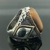 Vintage Square Inlaid Yellow Black Stone Ring for Men Personality Silver Color Metal Carving Pattern Punk Party Ring Accessories