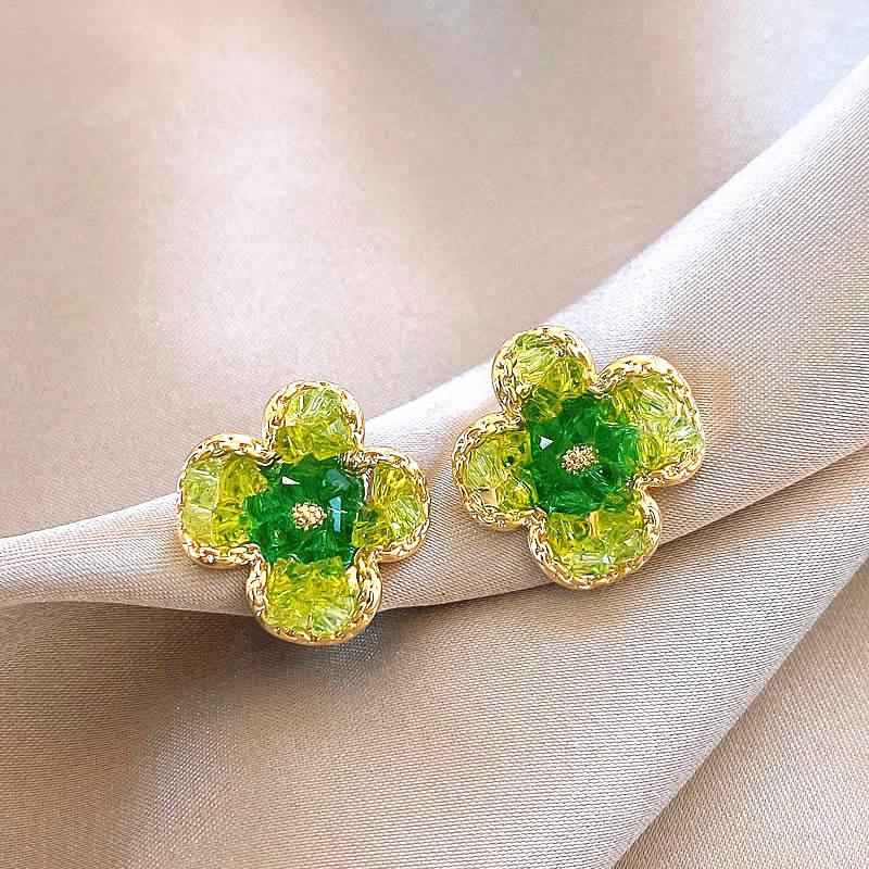 Green crystal flower butterfly earrings summer small fresh and sweet stud earrings 2025 explosion high-end earrings women