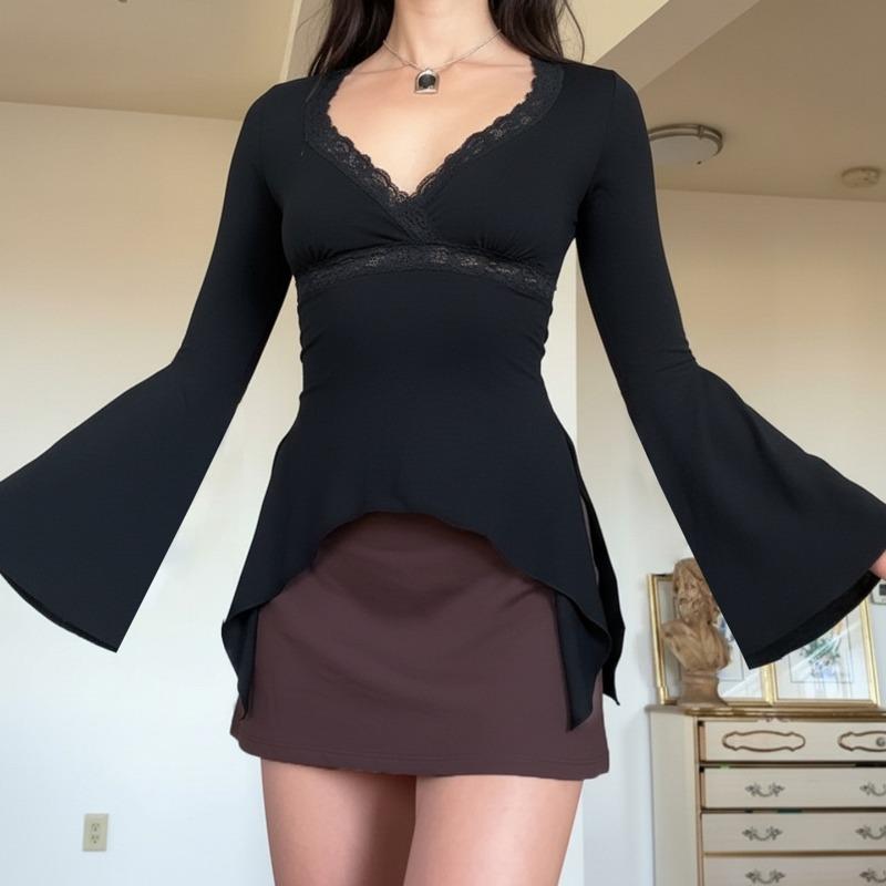 New Women's Pure Desire Lace Splicing Trumpet Sleeves Irregular Hem Long-sleeved Slim T-shirt