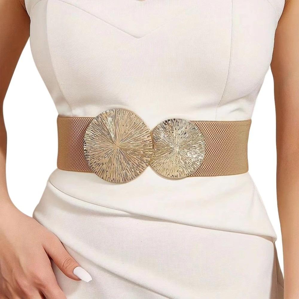 Solid Color Women Waist Belt Waistband Slimming Wide Elastic Belt Coat/Dress Accessories Chunky-Gold Discs Round Belts