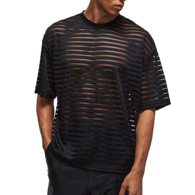 In Stock! Men's Hot Selling Horizontal Stripe See-Through Short Sleeve Loose Party Wear T-Shirt.