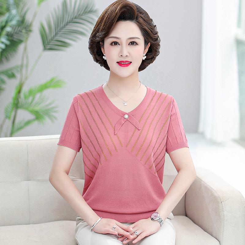 Mother Summer Dress Foreign Style Short-sleeved Top 40 Years Old 50 Years Old Women Summer Fashion Temperament Ice Silk T-shirt Small Shirt
