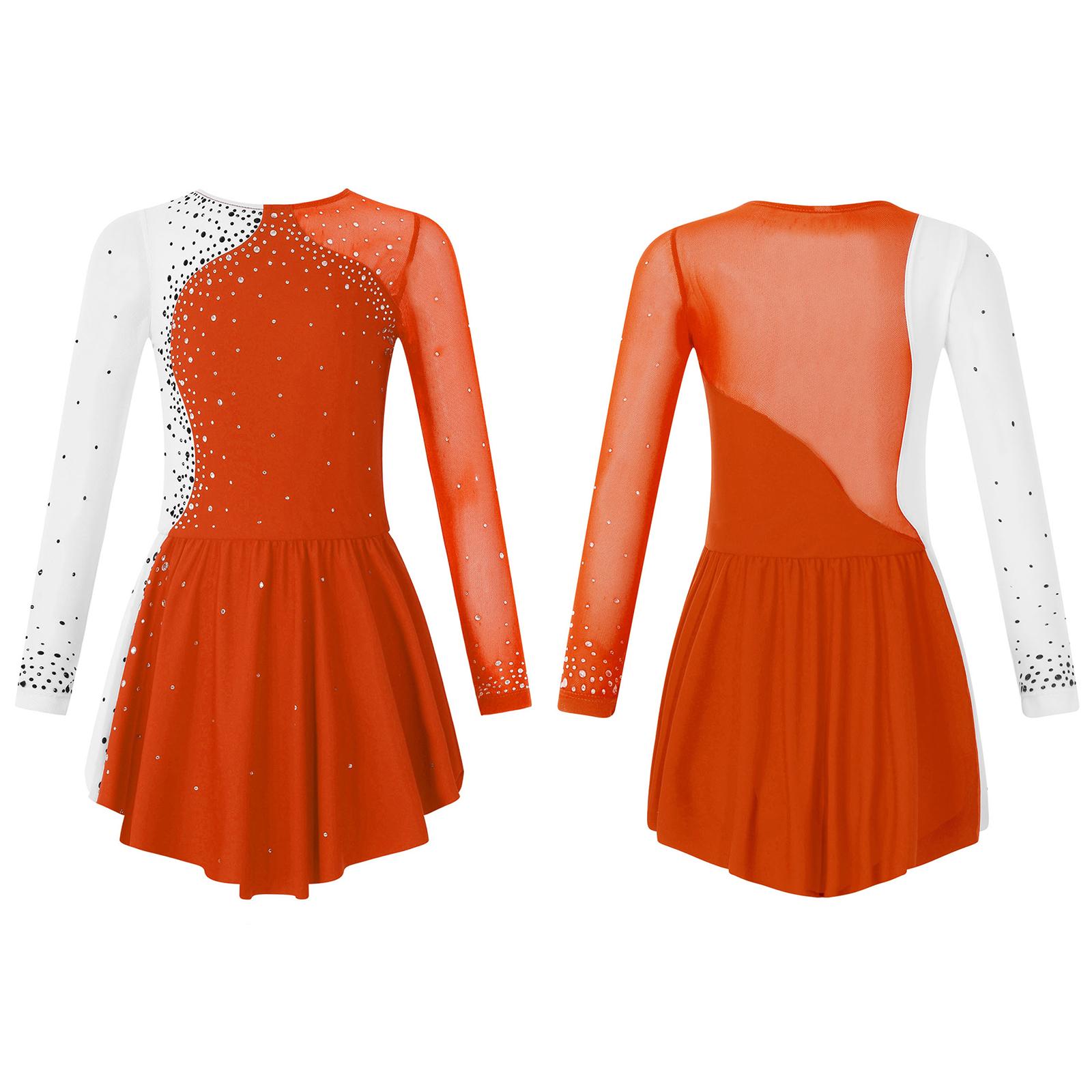

Детская одежда для танцев для девочек, платья для катания на коньках с длинными рукавами и круглым вырезом, декорированные стразами, контрастного цвета 13-14 Years оранжевый