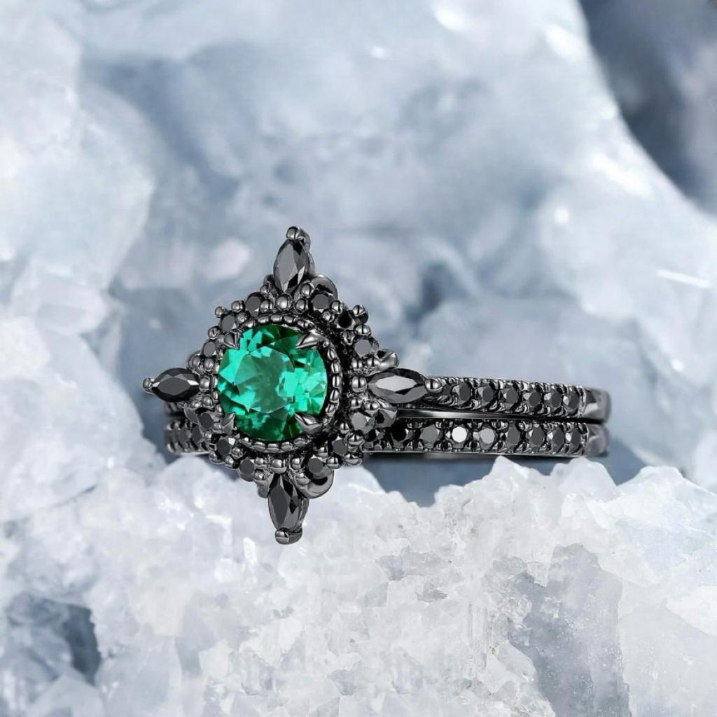Luxury New Retro Gemstone Gun Black Ring, Inlaid with Green Zircon Ring, European and American Fashion Women's Jewelry