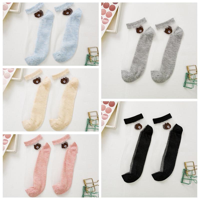5pais Women Girl Summer Thin Cartoon Bear Female Crystal Silk Socks Transparentsocks Lace Breathable Non-slip Glass Silk Socks