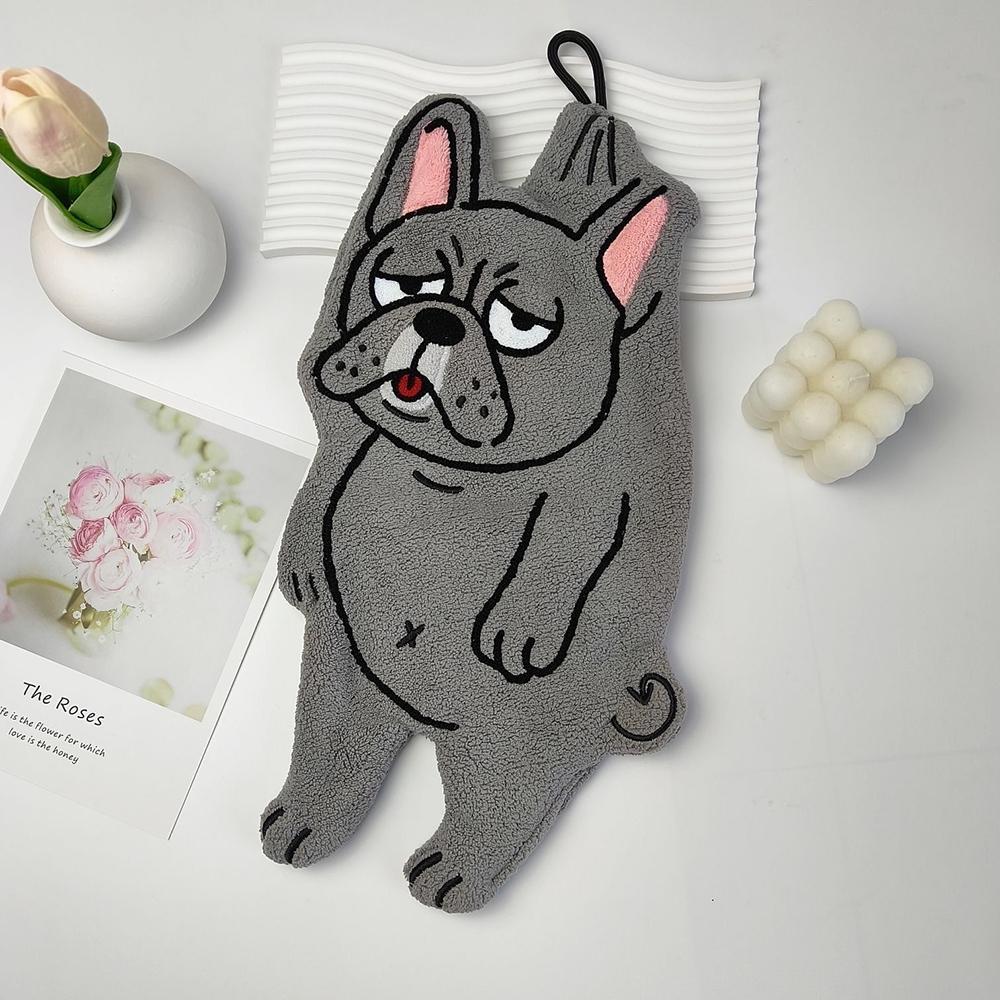 

Puppy Hand Towel Hanging Thickened Pet French Bulldog Super Absorbent Towel Cartoon Hand Towel Coral Velvet Kitchen Bathroom