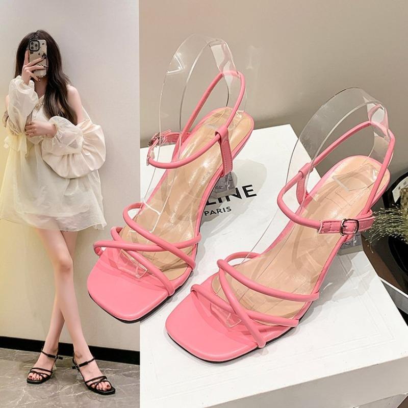 Unique  Strange Heel Sandals Women Sexy Cross Narrow Band Ankle Strap Patent Leather Open Toe Party Shoes Summer