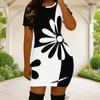 Women Plus Size Round Neck Short Sleeve Black White Printed Fitted Mini Dress