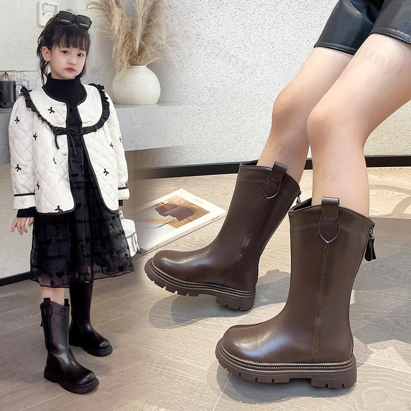 Children Knee Length Boots Winter Student Girls Princess Boots Kids Zipper Comfortable Non Slip Solid Color Long Boots