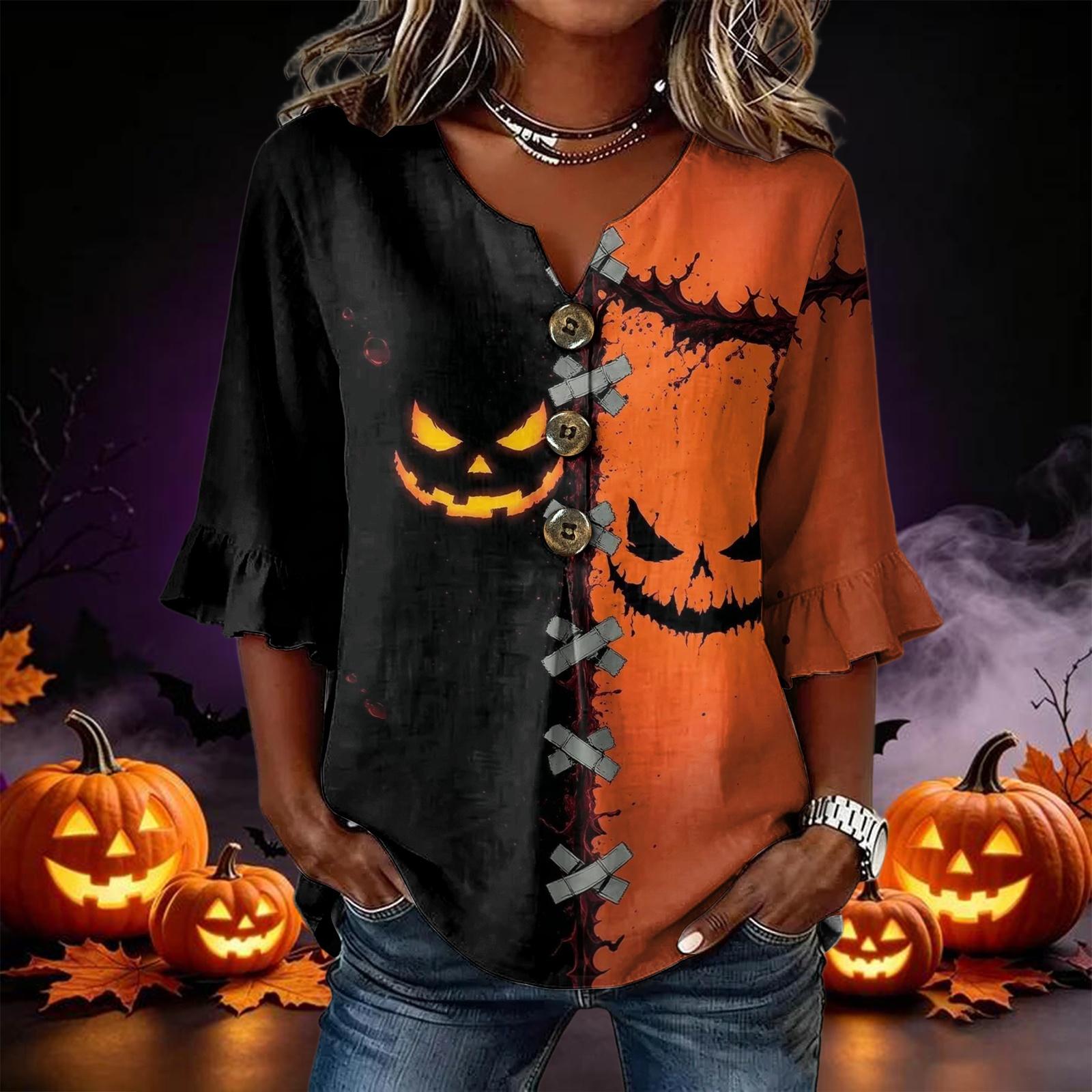 Damen Lässige Lockere Passform Halloween-Print Spitze Ärmel Bluse Top für Party L orange