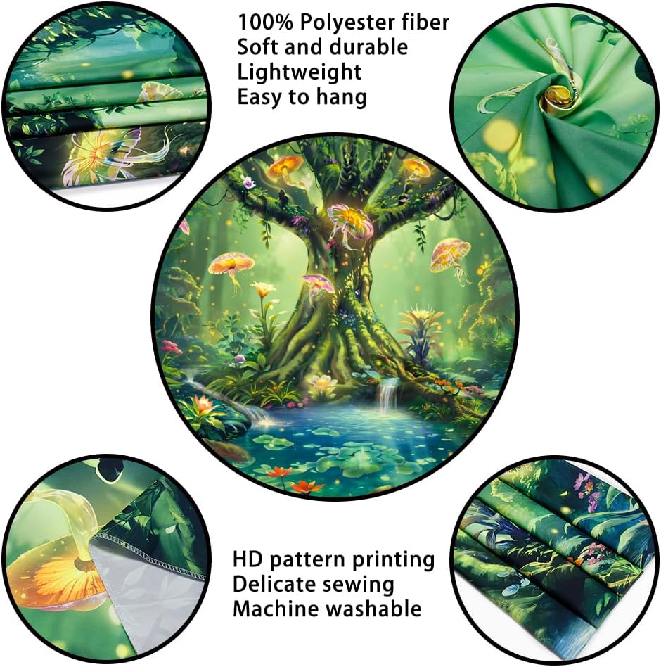 Green Nature Tree Tapestry Fantasy Foresty Tapestry Blacklight Jellyfish Wall Hanging UV Reactive Tree of Life Tapestries Trippy