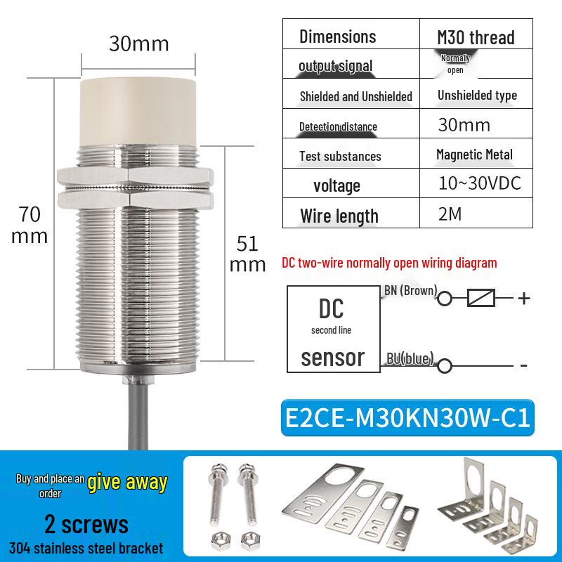 Waterproof Inductive Proximity Switch, Two-Wire, M8/M12/M18/M30, NPN NO/PNP NC