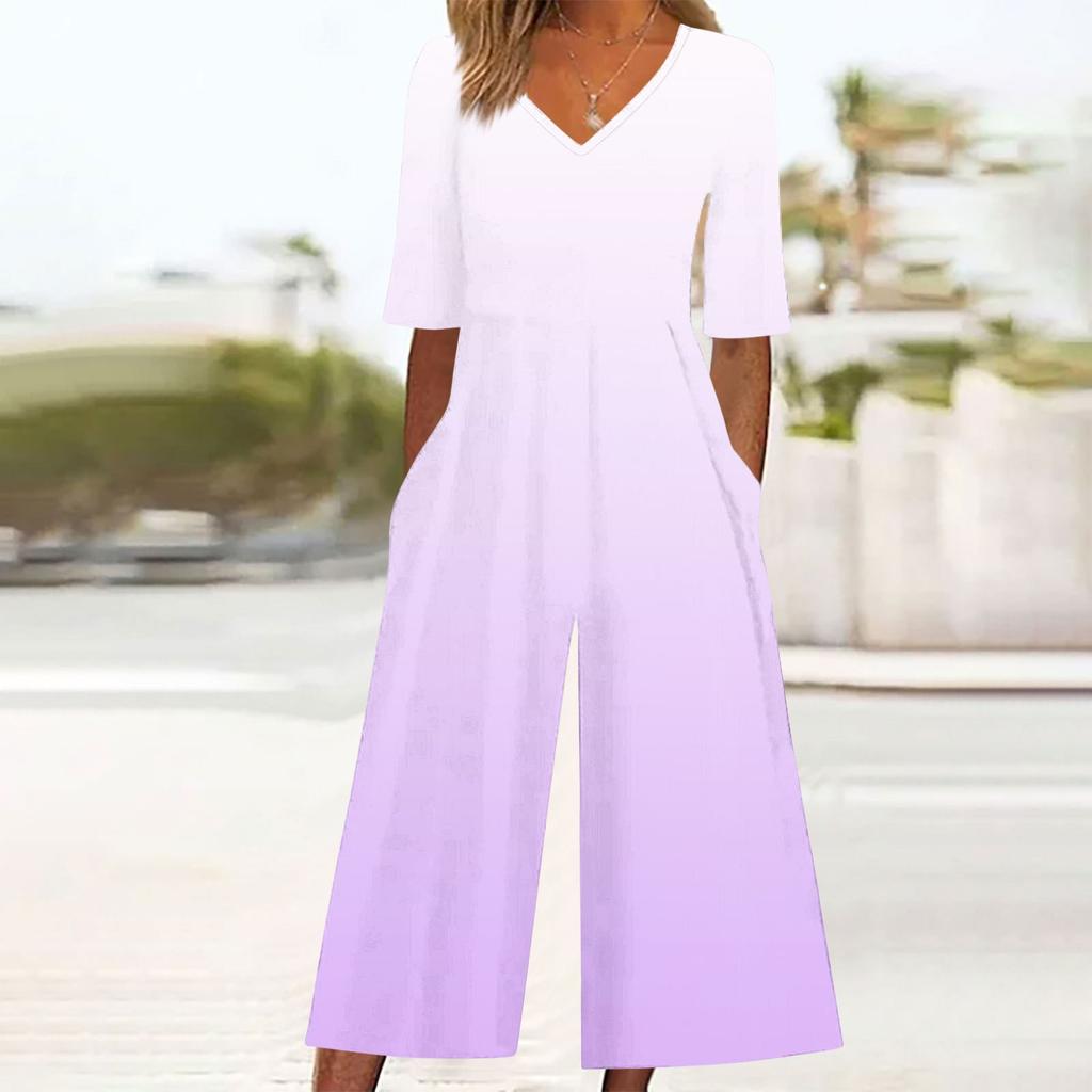 Women's Loose Casual V-Neck Gradient Printed Jumpsuit Slim Fit Wide Leg Jumpsuit