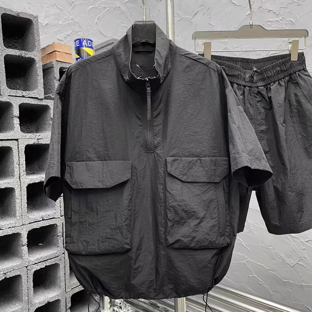 

Men s Korean-Style Casual Sports Two-Piece: Loose Half-Zip T-Shirt & Niche Shorts 2XL чорний