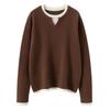 Autumn 2025 Sweet Style Color Block Cashmere Sweater - Loose Fit, Slimming, Short & Warm, Fake Two-Piece Design