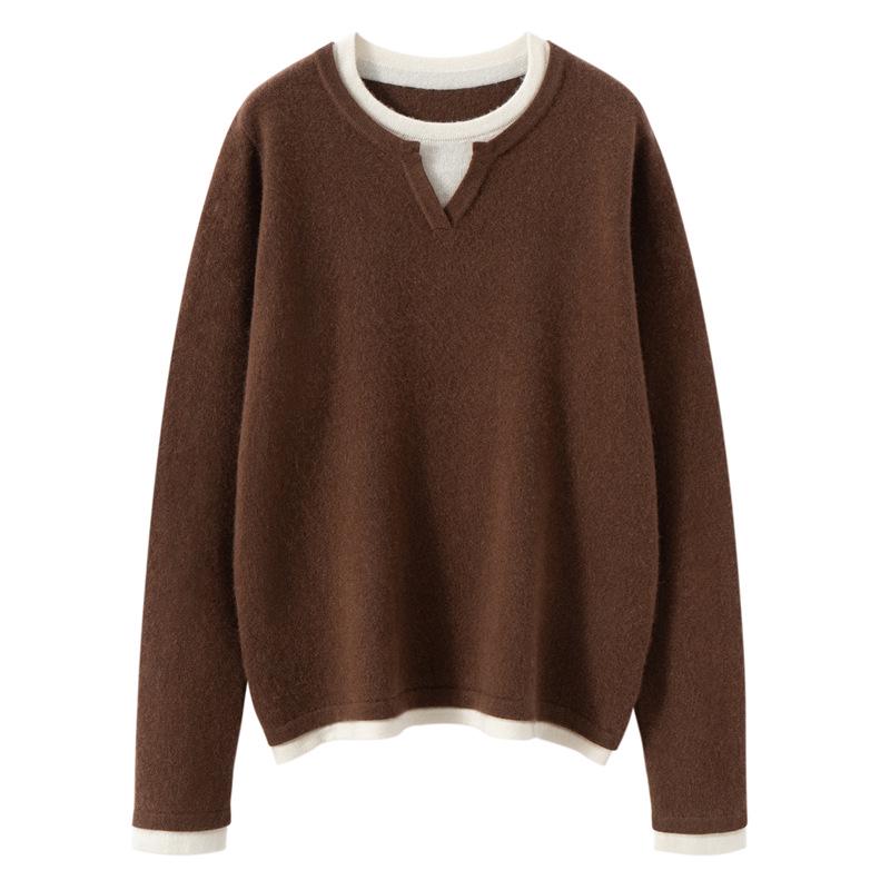 Autumn 2025 Sweet Style Color Block Cashmere Sweater - Loose Fit, Slimming, Short & Warm, Fake Two-Piece Design