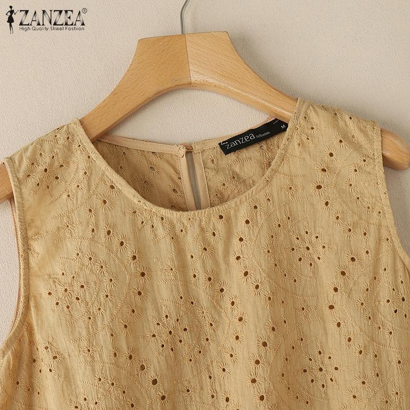 ZANZEA Women Casual Round Neck Summer Embroidery Crochet Sleeveless Tank Tops