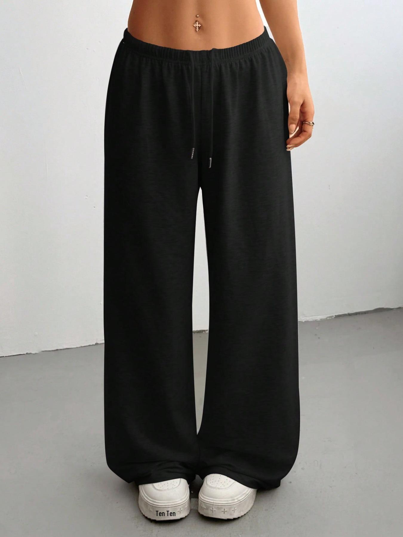 

2026 All-Season Solid Color Casual Mid-Waist Loose Drawstring Pants Small чёрный