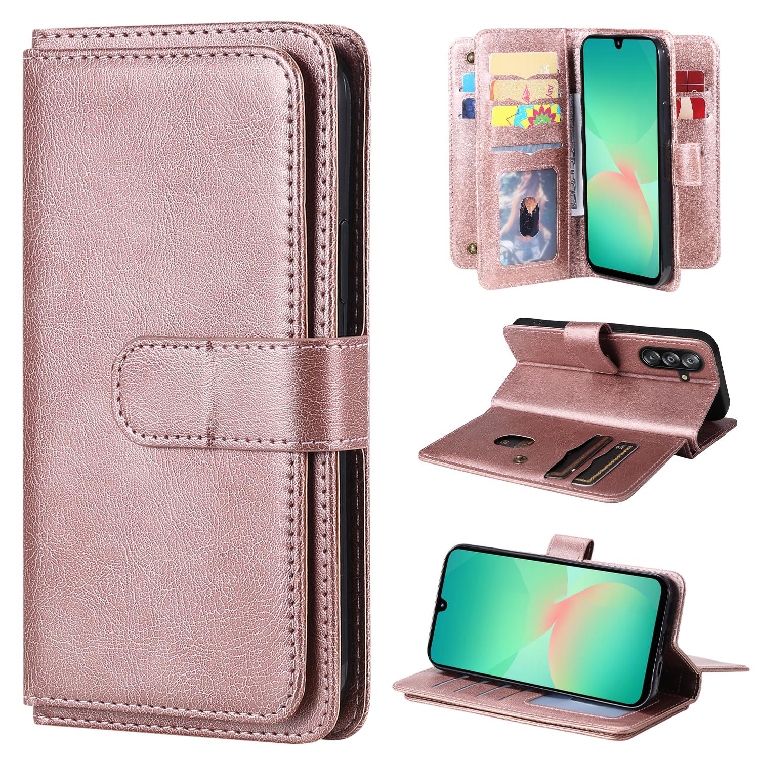 

Кожаный чехол для Samsung Galaxy A16 4G/A16 5G/A17/A26 5G с 10 отделениями для карт, чехол-подставка для телефона Rose Gold