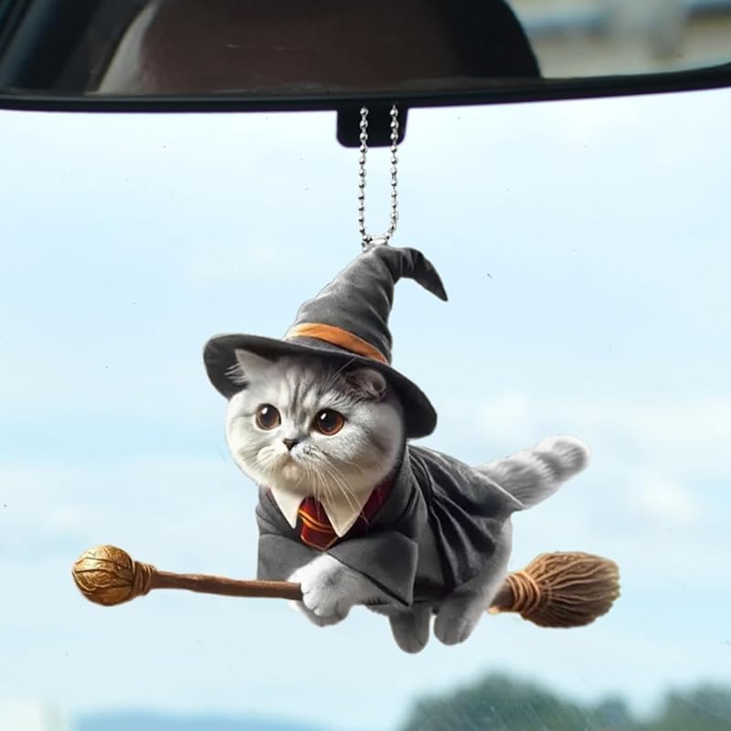 Magic Cat Car Rearview Mirror Accessories, 2D Flat Acrylic Pendant Car Rear View Mirror Charm, Christmas Tree Hanging Ornament, Car Interior
