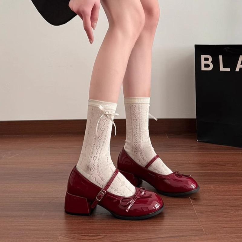 Fashion Women French Ballet Mary Jane Shoes Fashion with Bow Casual Leather Shoes Patent Leather Thick Heel Shoes Sandalias Mujer Verano