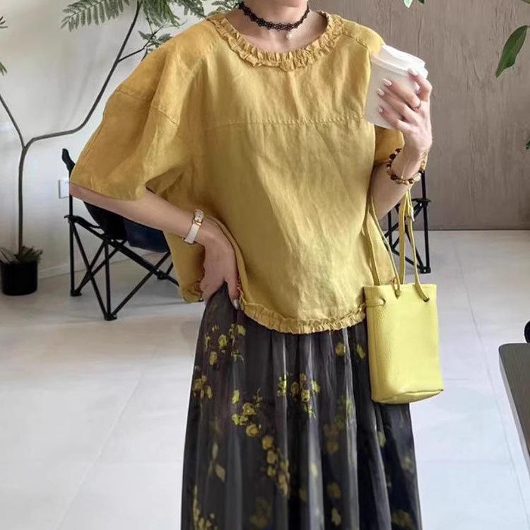

Summer 2025 Slimming Ruffle Short Sleeve Top with Round Neck Medium