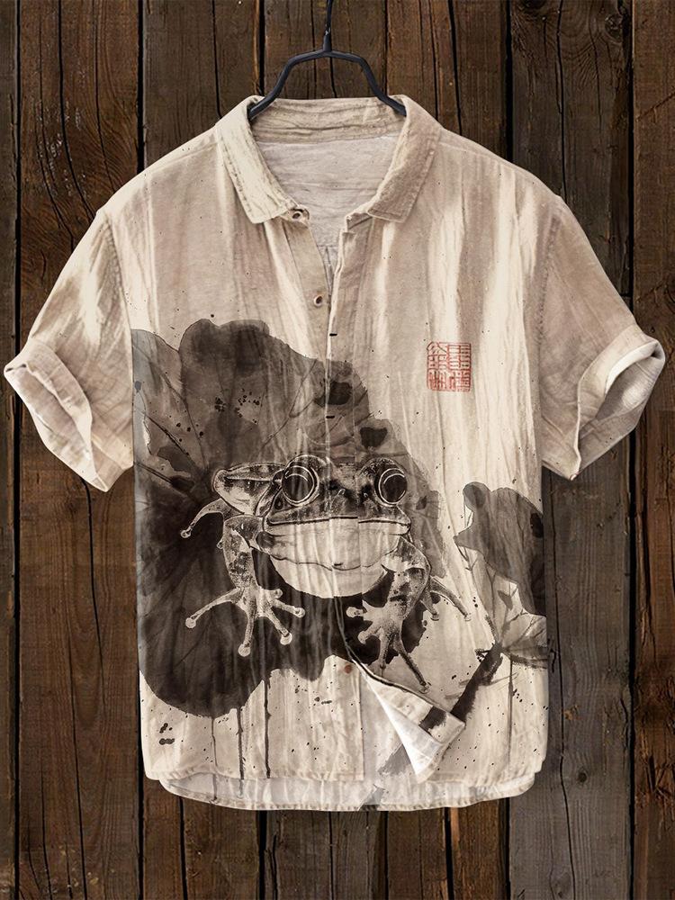 Summer Fashion Large Size Youth Men's Short Sleeve Shirt Linen Cardigan Lapel Funny Cat Ink Painting Print