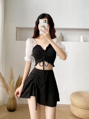 Γυναικείο Ολόσωμο Μαγιό Μπόξερ με Σχιστό Φόρεμα Κορεατικού Στυλ: Συντηρητικό, Αδυνατιστικό, Υποστήριξη Μικρού Στήθους, Ιδανικό για Ιαματικές Πηγές.