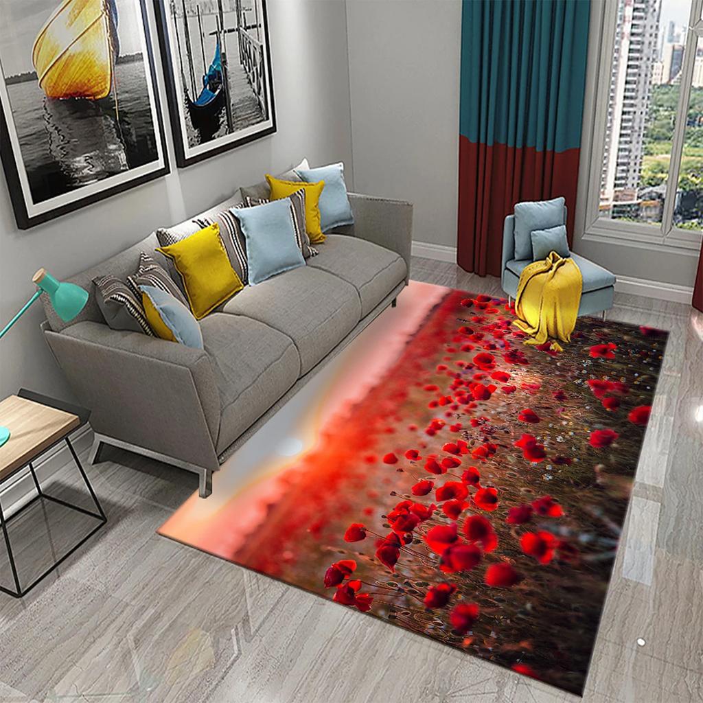 3D Rote Mohnblumen Teppich Romantisches Blumenmeer Teppiche Fußmatte für Badezimmer Küche Eingangsteppiche Schlafzimmer Wohnzimmer Dekor Bereichsteppich