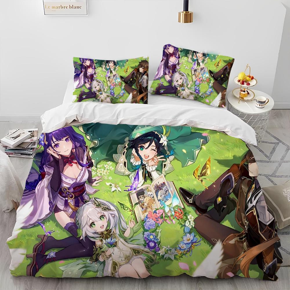 Genshin Impact Game Gamer Cartoon Comforter Bedding Set,Duvet Cover Bed Set Quilt Cover Pillowcase,king Queen Size Bedding Set